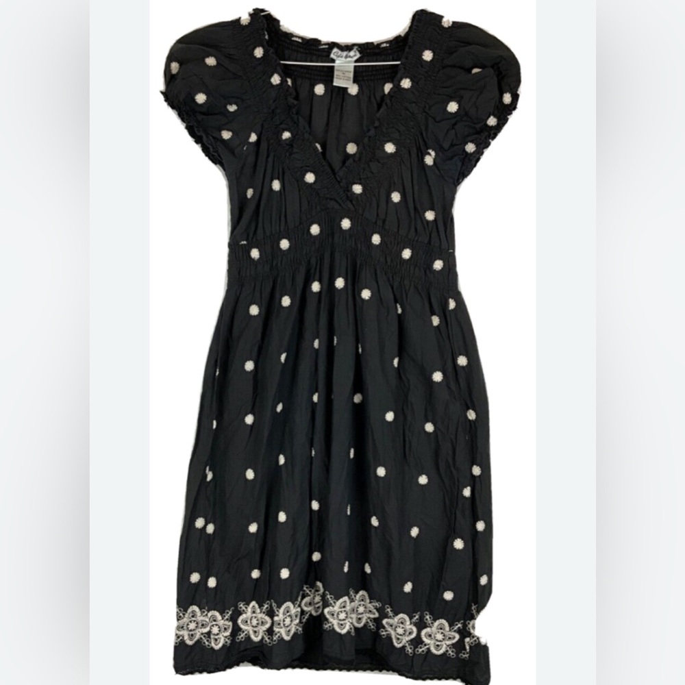 Navy Embroidered Boho Dress | White Floral Details | Size S